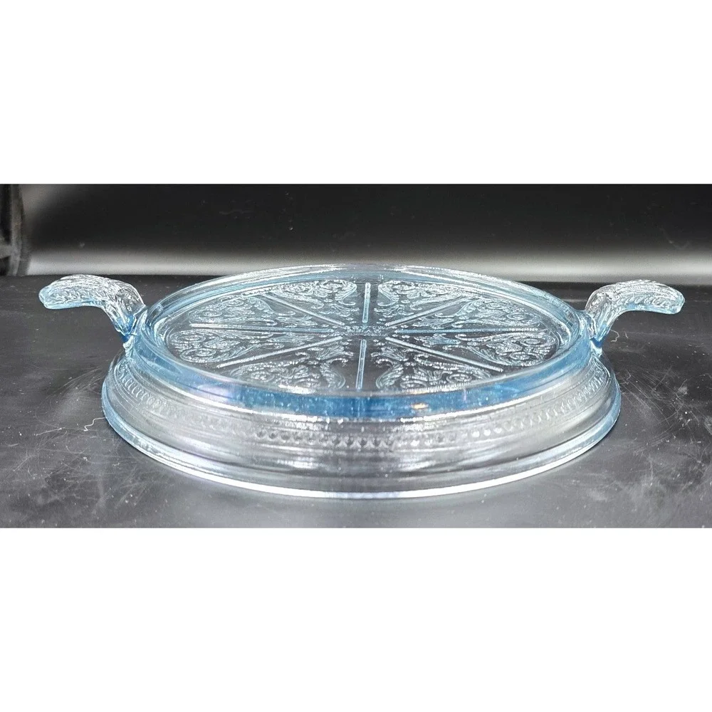Philbe Sapphire Blue Fire King Glass Serving Dish and Trivet‎ SET Floral Etched